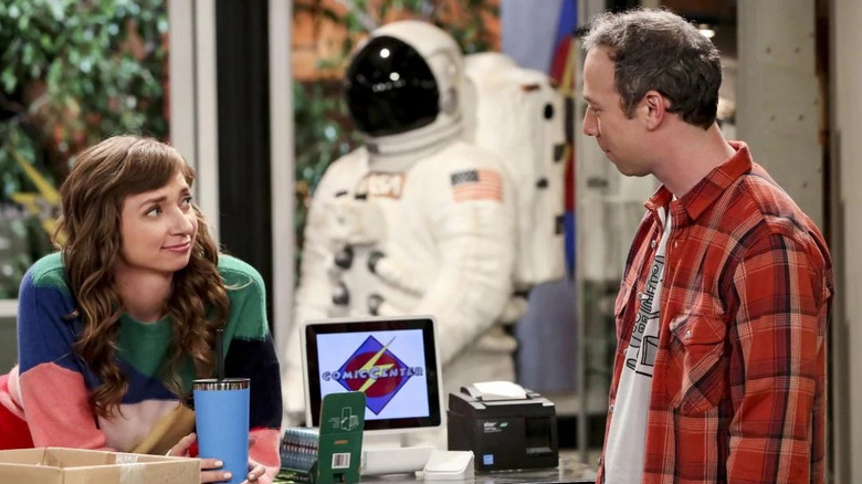 Denise and Stuart talking in the comic book store in The Big Bang Theory