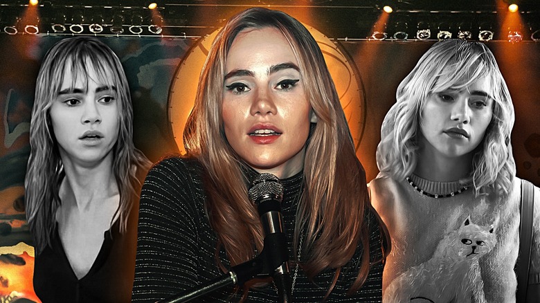 A collage of Suki Waterhouse in Daisy Jones & the Six, Assassination Nation, and Into the Dark