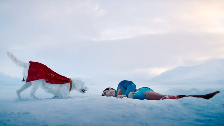 Superman lies injured in the snow with Krypto the Superdog crouching down next to him in Superman (2025)