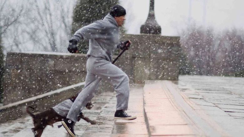 Sylvester Stallone's Rocky Balboa jogs up the Philadelphia Museum of Art Steps stairs with his dog in Rocky Balboa