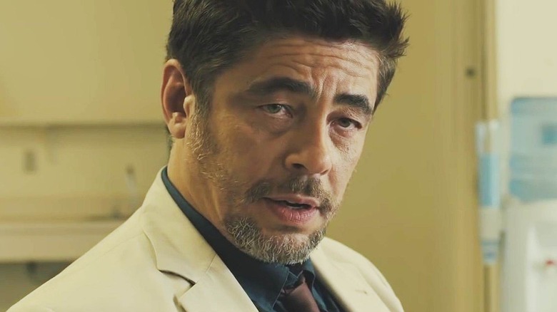 Alejandro Gillick in a white suit in Sicario