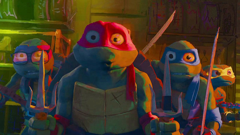 The Turtles with their weapons in Teenage Mutant Ninja Turtles: Mutant Mayhem