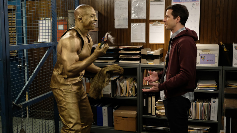 Terry Crews as Sergeant Jeffords and Andy Samberg as Jake Peralta in Brooklyn Nine-Nine