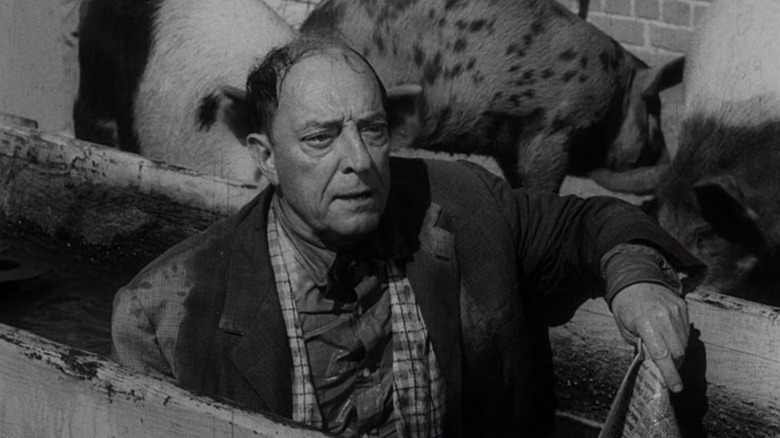 Buster Keaton as Woodrow Mulligan sitting in a pig trough, soaking wet