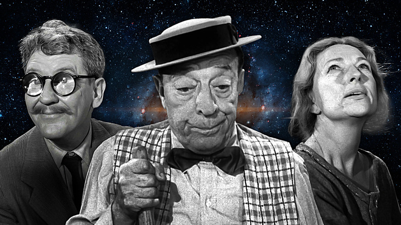 Collage of Burgess Meredith as Henry Bemis, Buster Keaton as Woodrow Mulligan, and Agnes Moorehead as the Woman in Twilight Zone