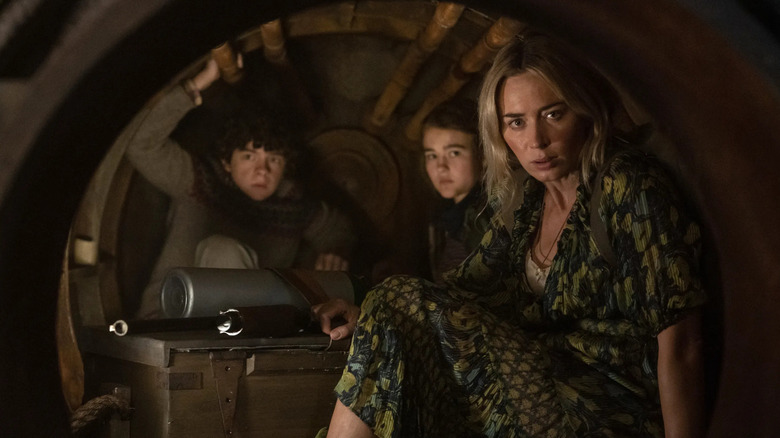 Emily Blunt as Evelyn, hiding with her children in A Quiet Place Part 2