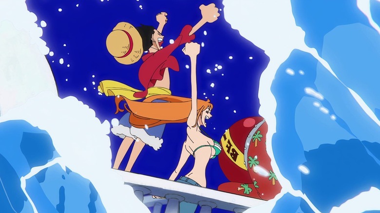 Luffy, Nami, and Franky cheer as they set sail in One Piece