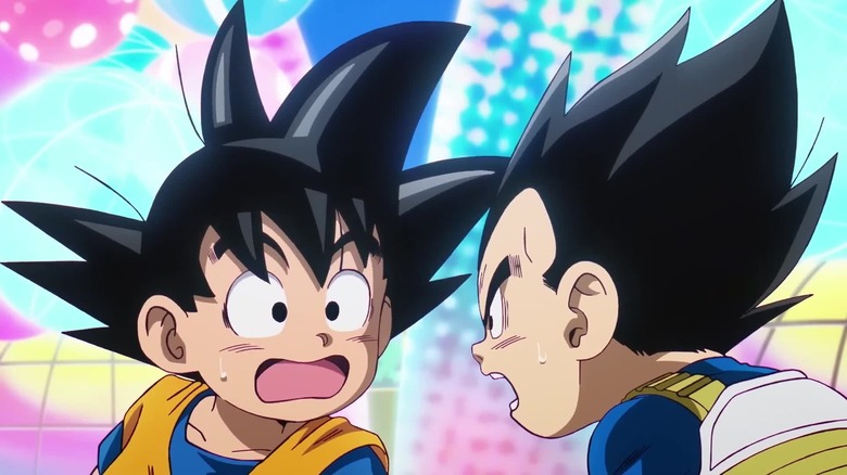 Goku and Vegeta look surprised at each other's kid form in Dragon Ball Daima