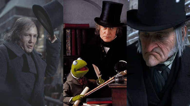 Ebenezer Scrooge holding up his hat in "Scrooge" (1970), Ebenezer Scrooge standing over Kermit the Frog in "The Muppet Christmas Carol" (1992), Ebenezer Scrooge frowning in "A Christmas Carol" (2009)