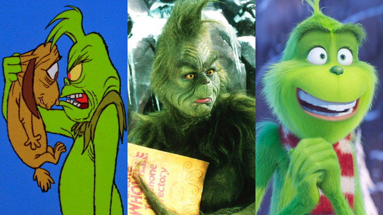 The Grinch gripping Max in "How The Grinch Stole Christmas!" (1966), The Grinch looking surprised in "How the Grinch Stole Christmas" (2000), The Grinch smiling excitedly in "The Grinch" (2018)