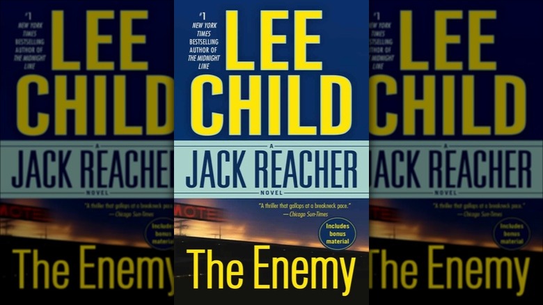 The cover of Jack Reacher: The Enemy by Lee Child, with a picture of a motel sign at sunset