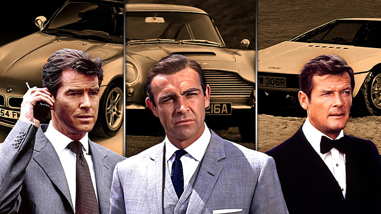 A collage of James Bond (Pierce Brosnan) in front of a BMW Z8 in The World Is Not Enough, Bond (Sean Connery) in front of an Aston Martin DB5 in Goldfinger, and Bond (Roger Moore) in front of a Lotus Esprit S1 in The Spy Who Loved Me