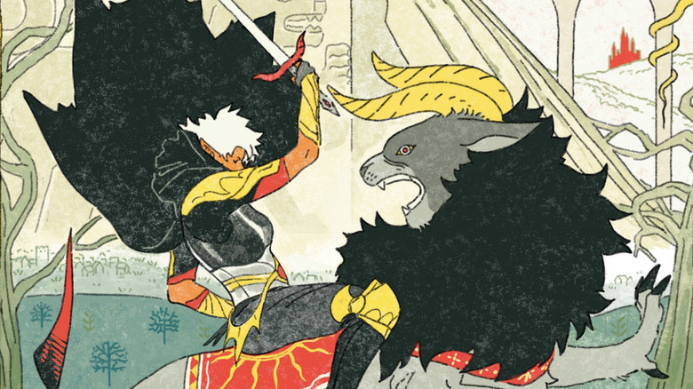 Mara holding a sword and riding the rearing Lionsteed on the King's Warrior comic book cover