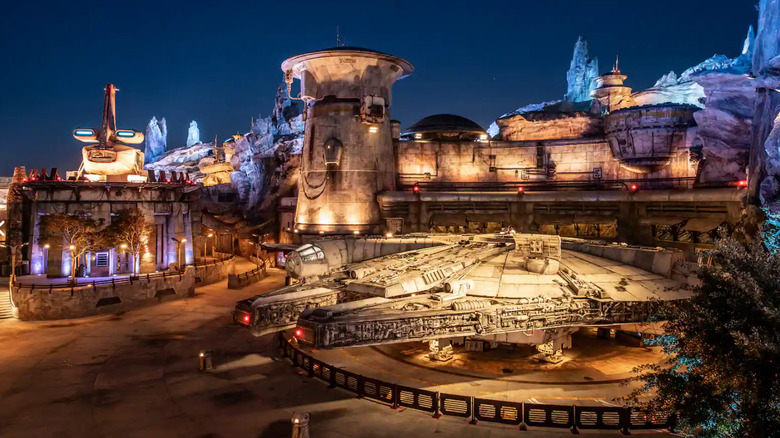 The Millennium Falcon parked in front of Smuggler's Run