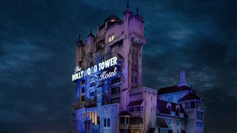 A low angle shot of Disney's Hollywood Tower of Terror in a storm