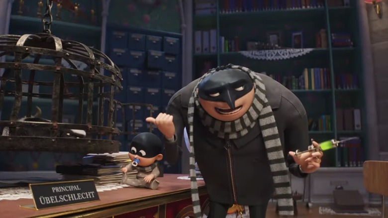 Gru and Baby Gru breaking into Principal Uberschlecht's office in Despicable Me 4