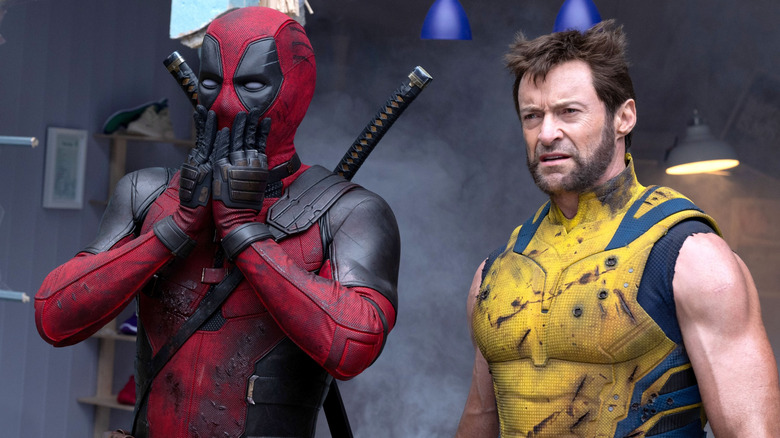 Ryan Reynolds as Deadpool and Hugh Jackman as Wolverine looking in shock in Deadpool & Wolverine