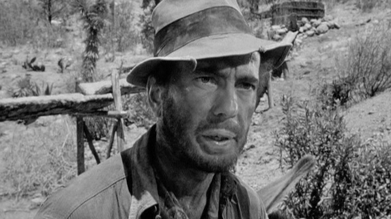 Humphrey Bogart's Fred C. Dobbs glaring at someone offscreen in the Mexican brush in The Treasure of the Sierra Madre