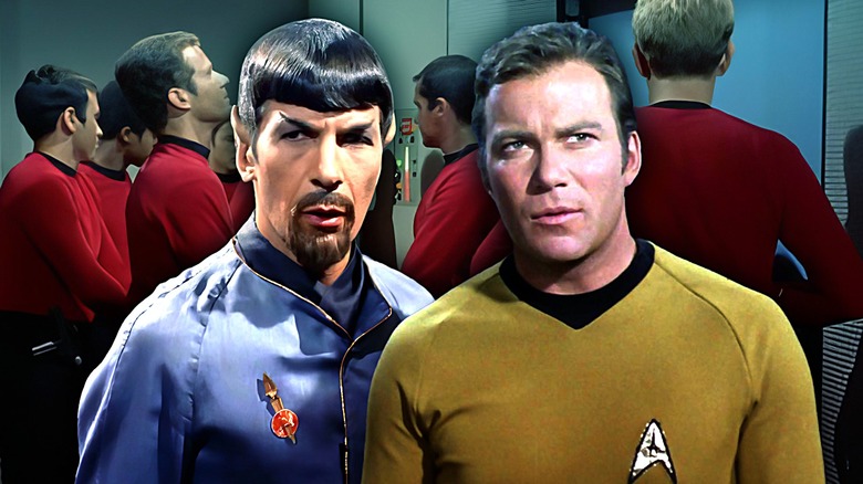 Leonard Nimoy as Mirror Spock, William Shatner as Captain Kirk, and crewmen probably about to die in Star Trek