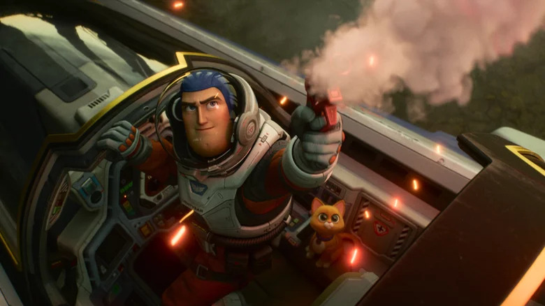 Buzz Lightyear shoots a flare into the sky from his ship cockpit