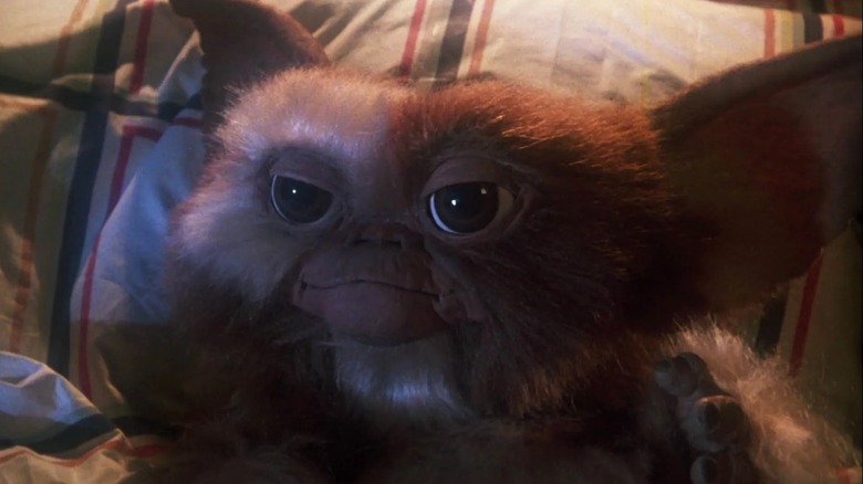 A Mogwai sits on a couch or bed in Gremlins