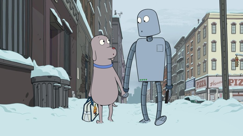 Ivan Labanda as the voices of both Dog and Robot walking hand in hand in snowy New York City in Robot Dreams