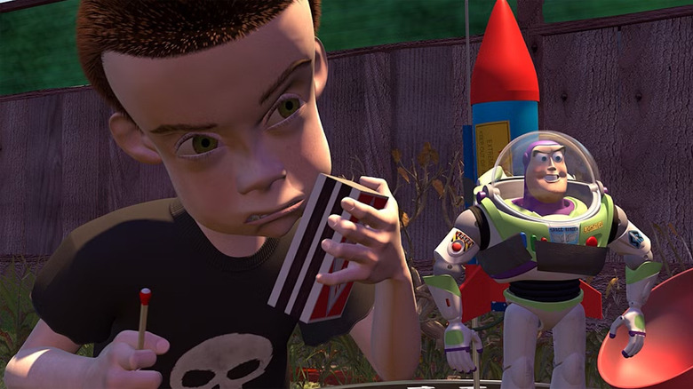 Sid prepares to launch Buzz Lightyear on a rocket in Toy Story