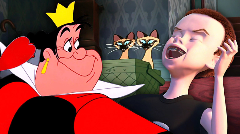 The Queen of Hearts from Alice in Wonderland looks toward the right as Sid from Toy Story throws his head back and laughs with Si and Am appearing from a picnic basket behind them in Lady and the Tramp