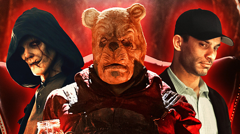 Images of the Bye Bye Man from the Bye Bye Man, Winnie the Pooh from Winnie the Pooh: Blood and Honey, and Richard Fenton from Prom Night 2008 edited together against a red background