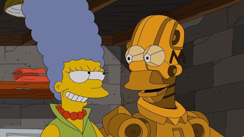 Marge smiling toward a robot Homer on The Simpsons