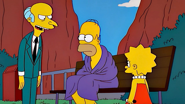 Homer wrapped in a towel on a bench while Mr. Burns grins on The Simpsons