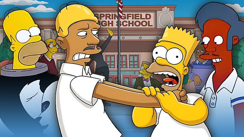 Homer, Kareem Abdul Jabar choking Homer, and Apu in front of Springfield High School in The Simpsons