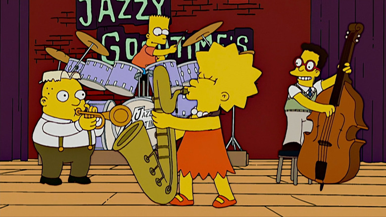 Lisa playing the saxophone while Bart's on the drums on The Simpsons