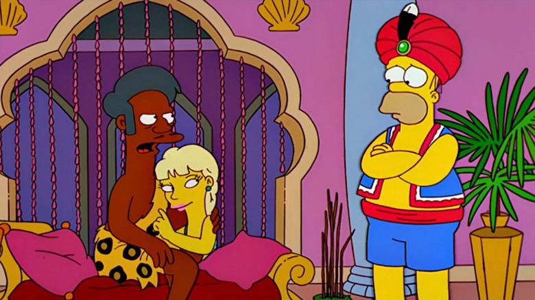 Apu scolding Homer while he's with the Squishee Lady on The Simpsons