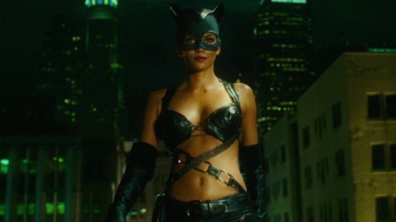 Halle Berry in full Catwoman costume confronts a potential opponent