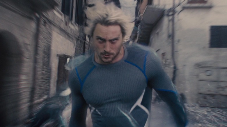 Aaaron Taylor-Johnson as Quicksilver in Avengers: Age of Ultron's Sokovia battle.