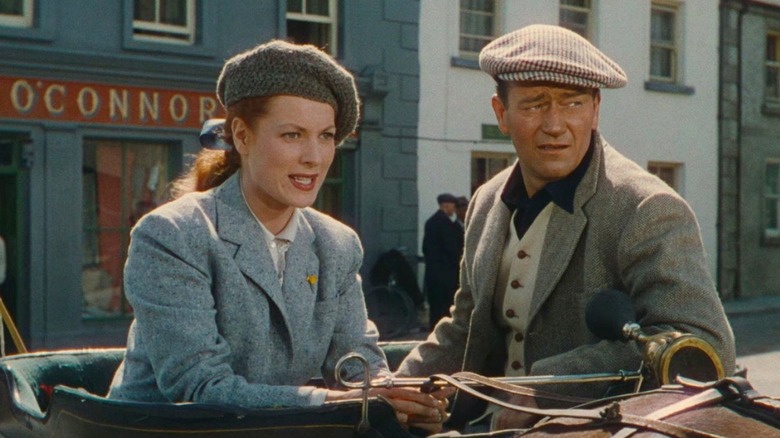 Mary Kate (Maureen O'Hara) talks to Sean Thornton (John Wayne) in The Quiet Man