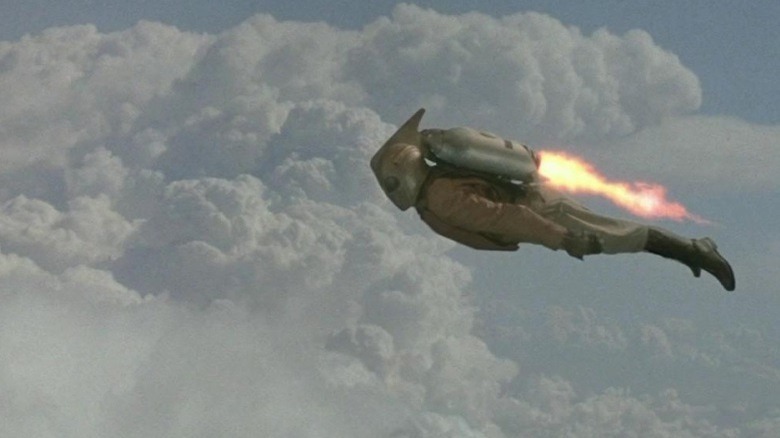 The Rocketeer flies through the sky