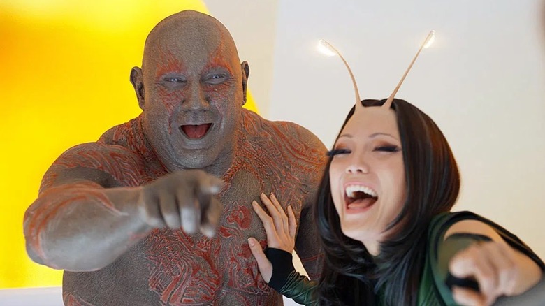 Drax and Mantis laughing and pointing