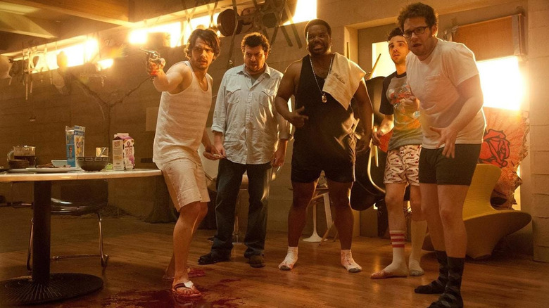 James Franco, Danny McBride, Craig Robinson, Jay Baruchel and Seth Rogen look scared in This Is The End