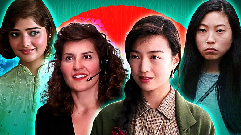 Vasundhara Das as Aditi from Monsoon Wedding, Nia Vardalos as Toula from My Big Fat Greek Wedding, Ming-Na Wen as June from The Joy Luck Club, and Awkwafina as Billi from The Farewell