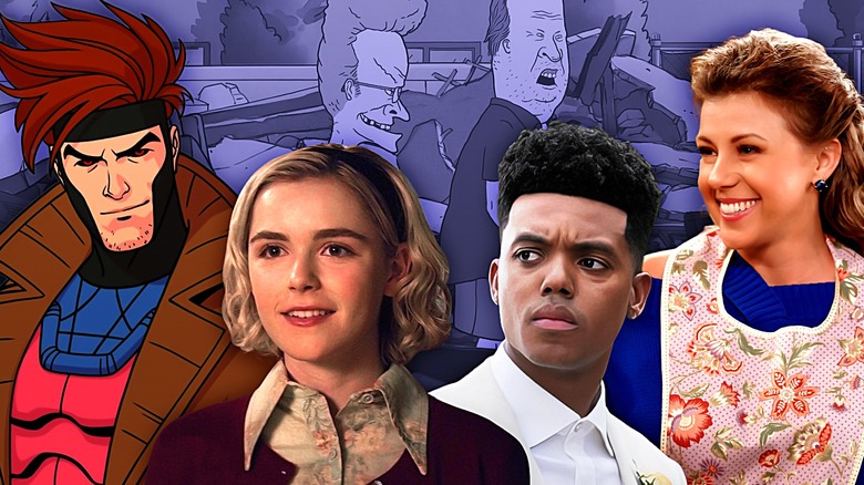 Composite image of Gambit from X-Men '97, Kiernan Shipka in Sabrina, Jabari Banks as Will in Bel-Air, Jodie Sweetin as Stephanie Tanner in Fuller House, and an aged Beavis and Butt-Head