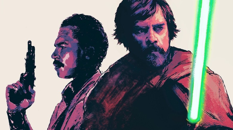 Armed Lando and Luke with lightsaber on the Shadows of the Sith cover