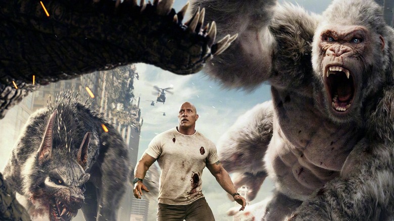 The Rock faces monsters in "Rampage"
