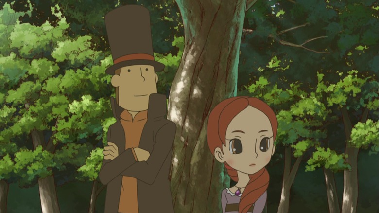 Professor Layton and Janice Quatlane under a tree