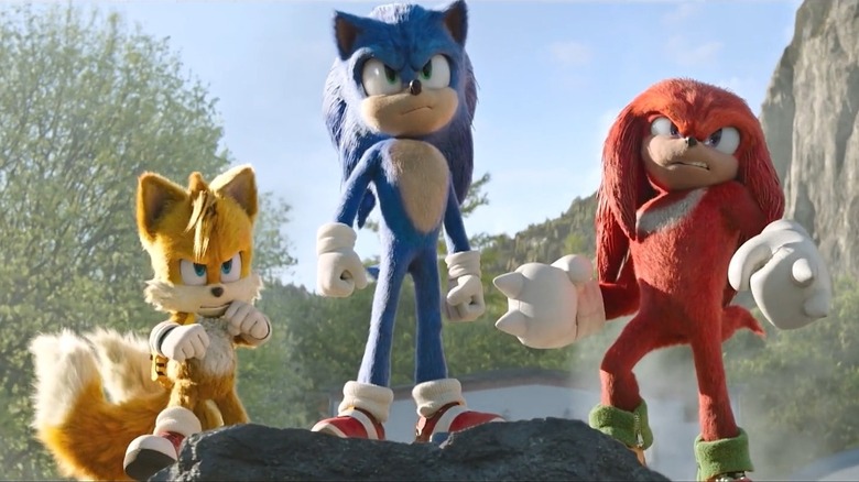 Sonic, Tails, and Knuckles on a rock