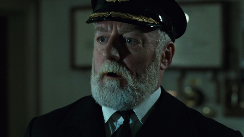 Titanic's Captain Smith close-up looking alarmed 