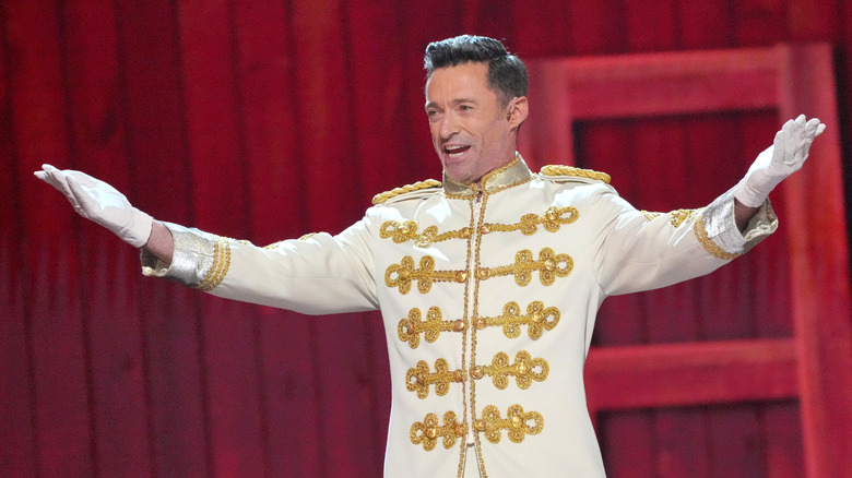 Hugh Jackman on stage as Harold Hill