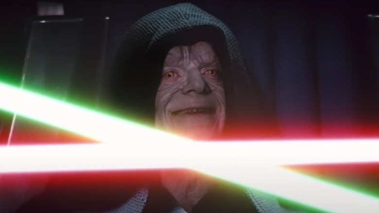 Emperor Palpatine smiles during lightsaber duel