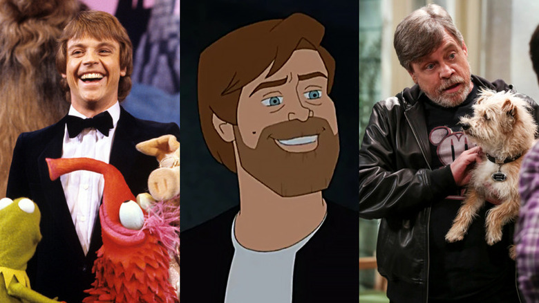 Mark Hamill with Muppets, smiling, and holding a dog